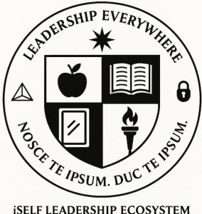 Leadership Everywhere seal with apple, book, journal, and torch